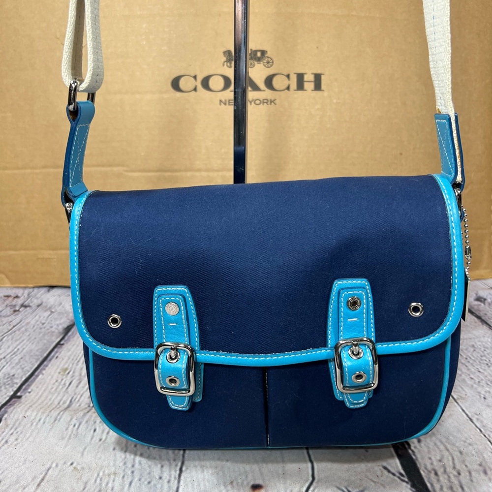 Vintage Coach 6735 Messenger Bag Leather Twill Canvas Colorblock Navy Blue Aqua